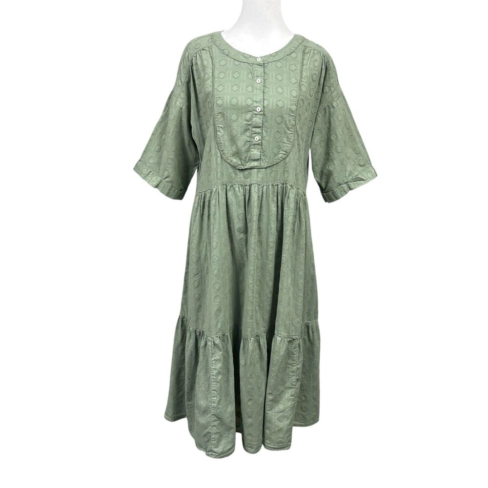 Anthropologie Fern Tiered Textured Popover Midi Dress Sz S Green